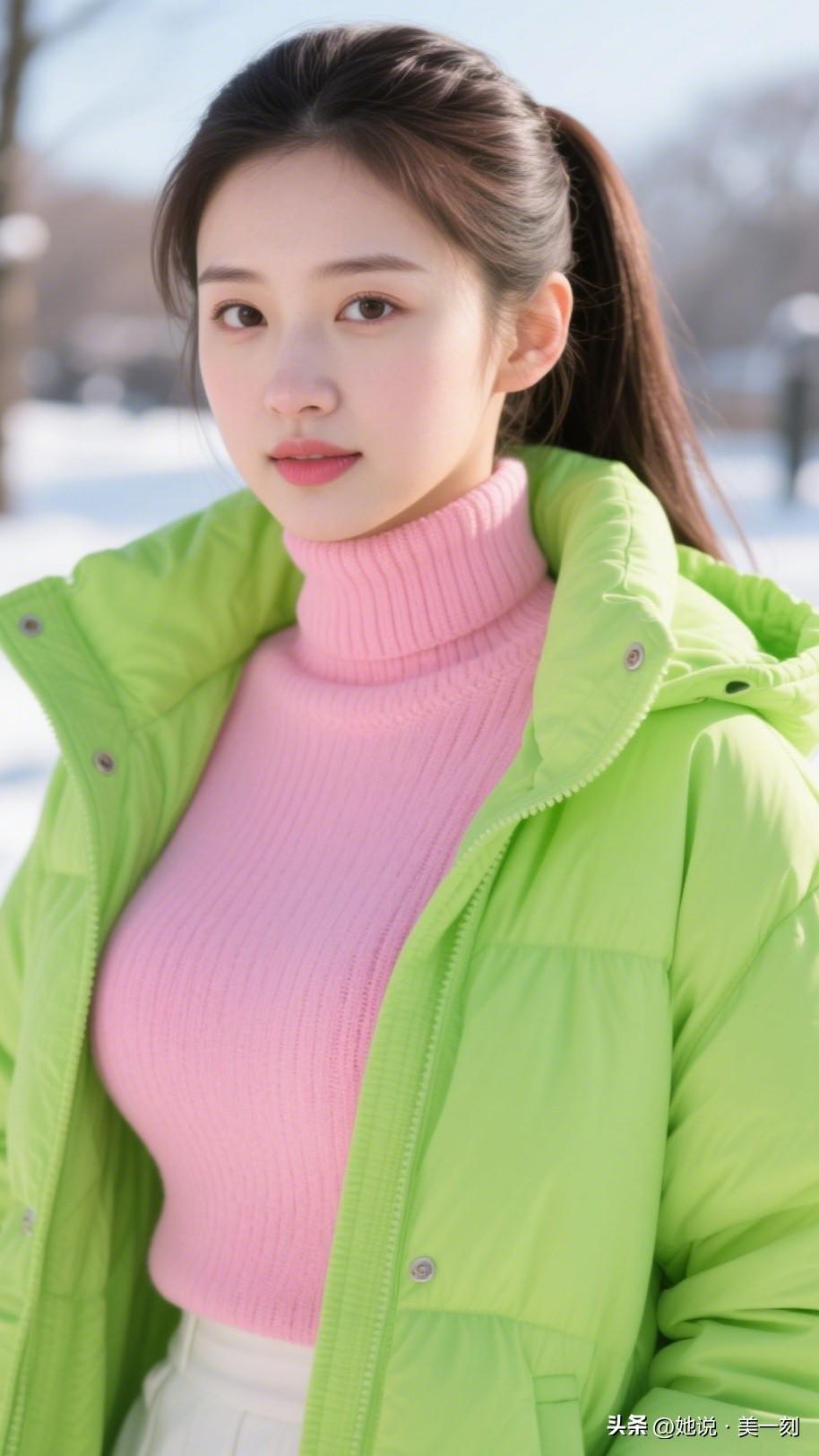 冬日清新穿搭，粉色毛衣+亮绿色外套，温暖又时尚！🌞👗时尚街头少女风采分享