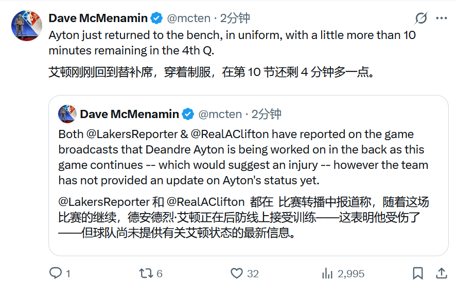 艾顿受伤了，不过还能打今天。湖人 ​​​