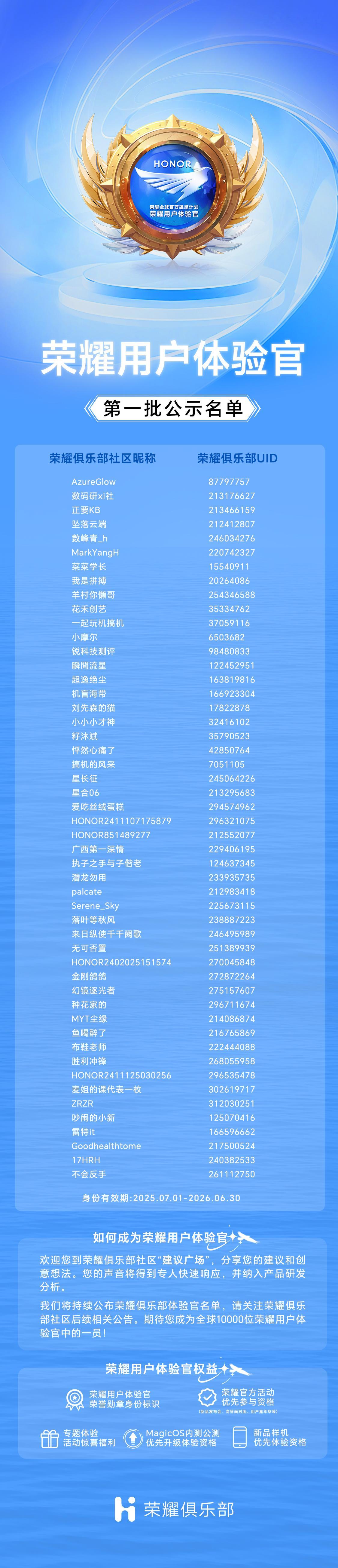 首批50位荣耀用户体验官出炉啦！到我的荣耀app-俱乐部-建议广场，多反馈产品建