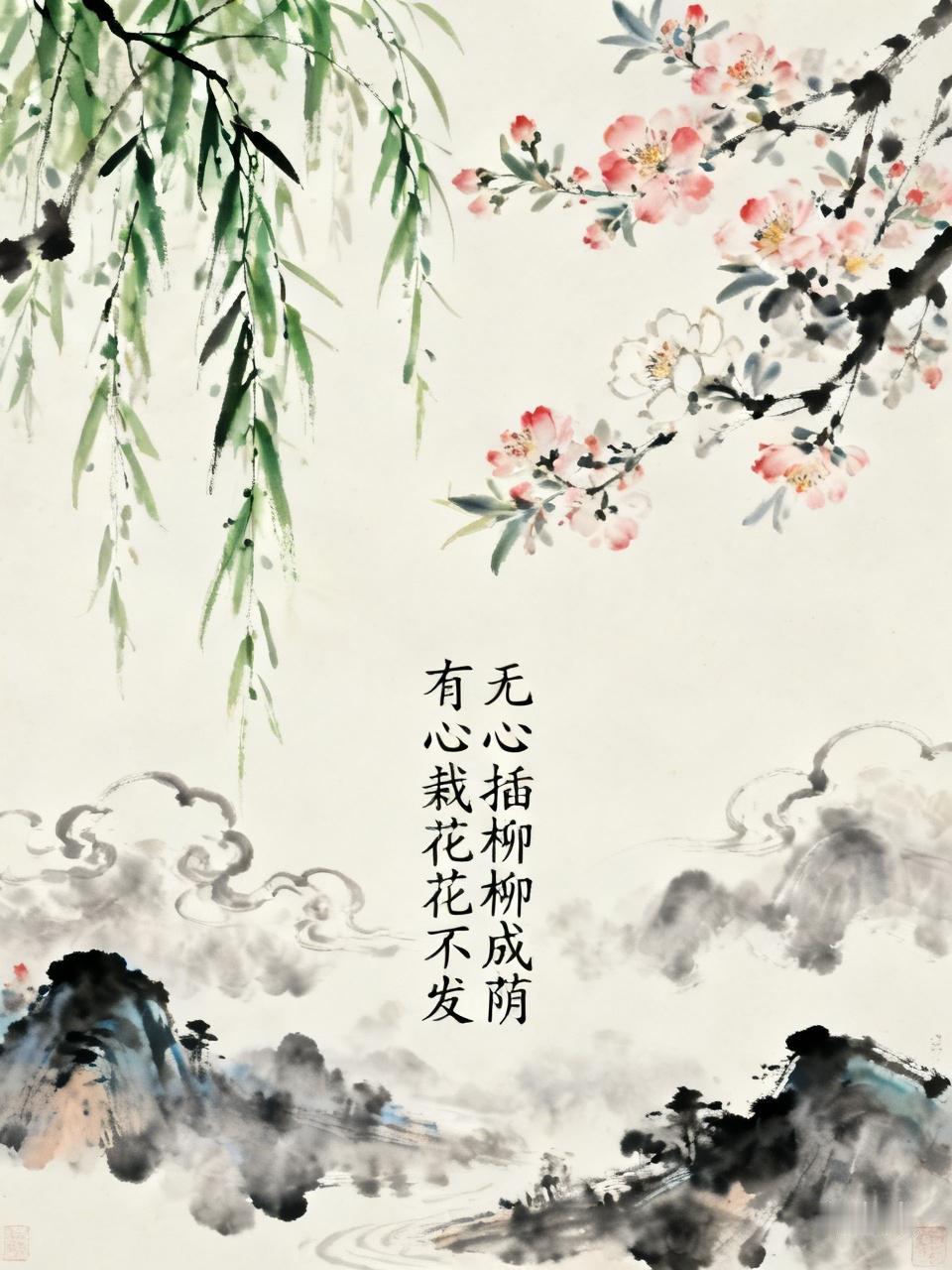 下联：无心插柳柳成荫。