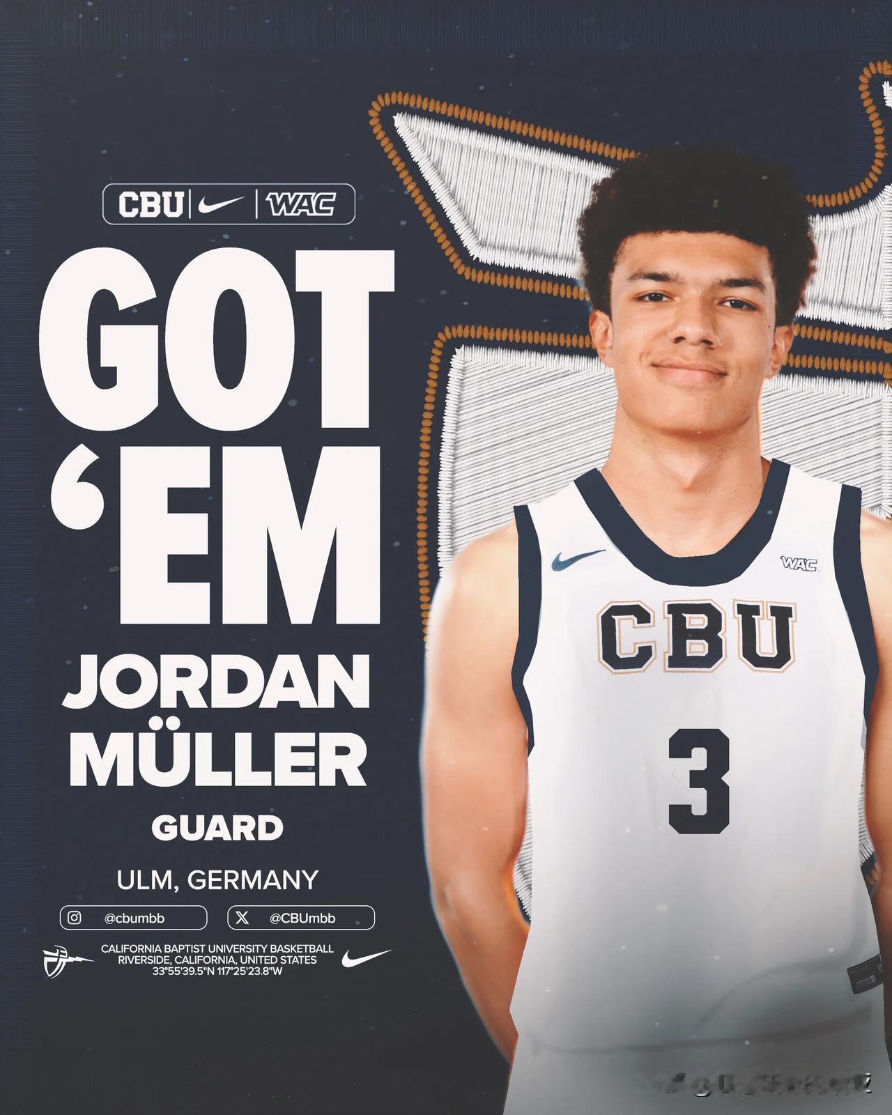 德国控卫Jordan Mueller宣布承诺NCAA男篮 加州浸会大学Calif