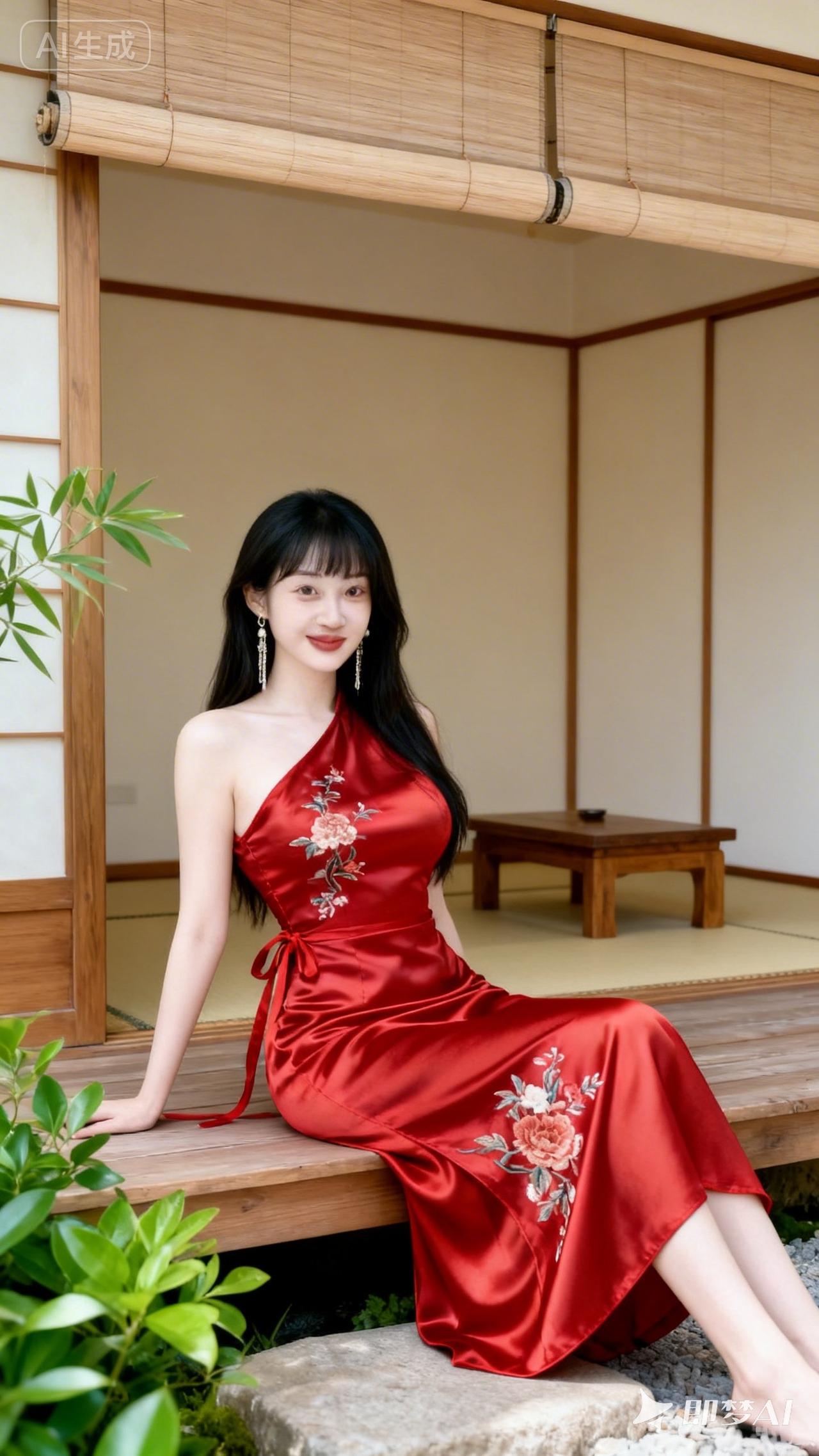 红衣美人坐竹榻，古风庭院韵味浓。