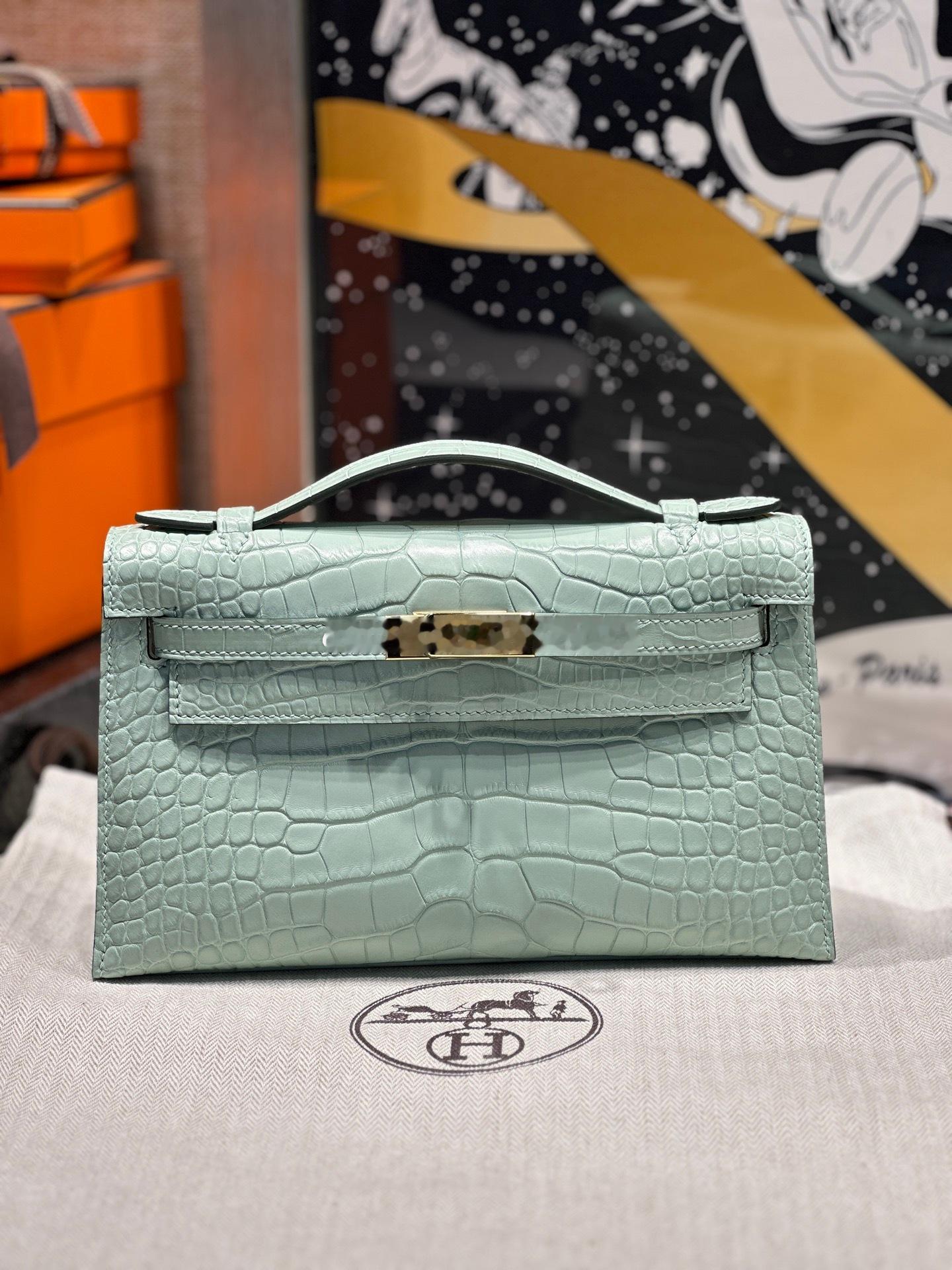 Kelly Pochette 6U Vert D'Eau 薄荷绿 雾面鳄鱼皮 金