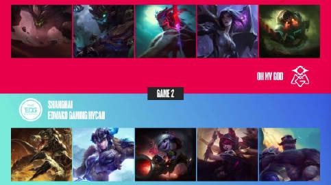 【OMG vs EDG 第二局】

MVP：Jiejie（瑟庄妮）
不要选后期阵