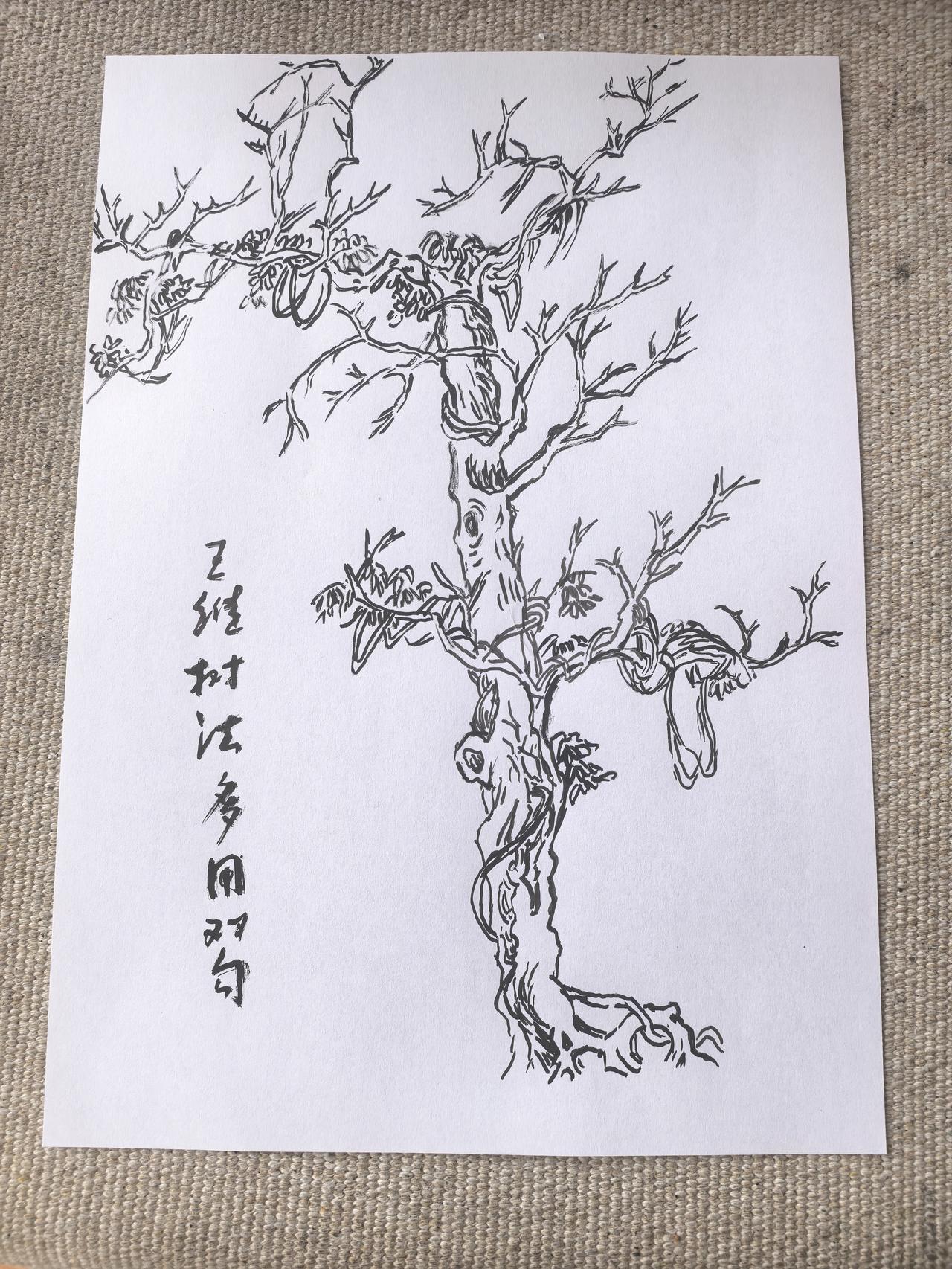 上午，练练手感，临摹一幅王维画的树。对于水墨山水，我认为只要把树、石头画好了，成