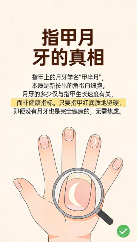 指甲上的小白牙，专业名称为甲半月，只是指甲生长的正常生理现象。指甲根部的甲母质会