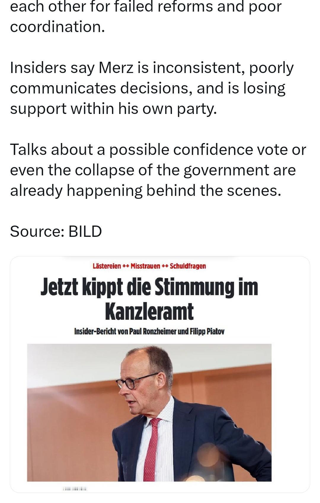 德国总理梅尔茨上任不到一年就陷入了严重的危机之中。其所在政党的支持率不佳，而他个