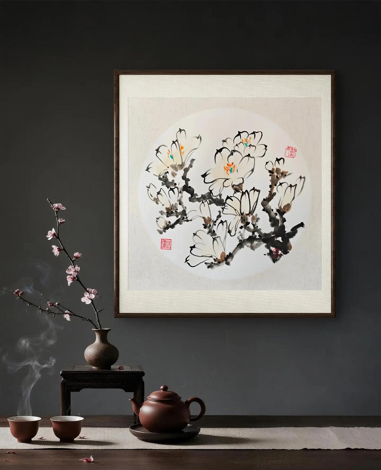 玉兰花国画 传统国风艺术 国画