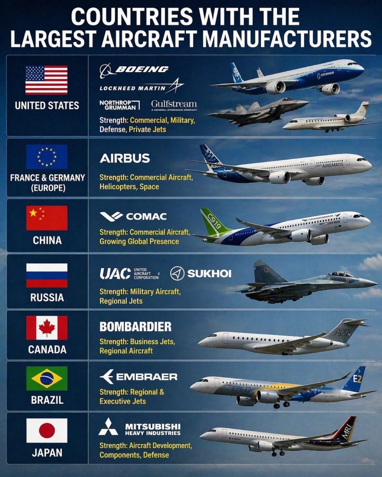 拥有最大飞机制造商的国家 ✈️🌍

全球航空业由少数几个在创新、国防和商用飞机