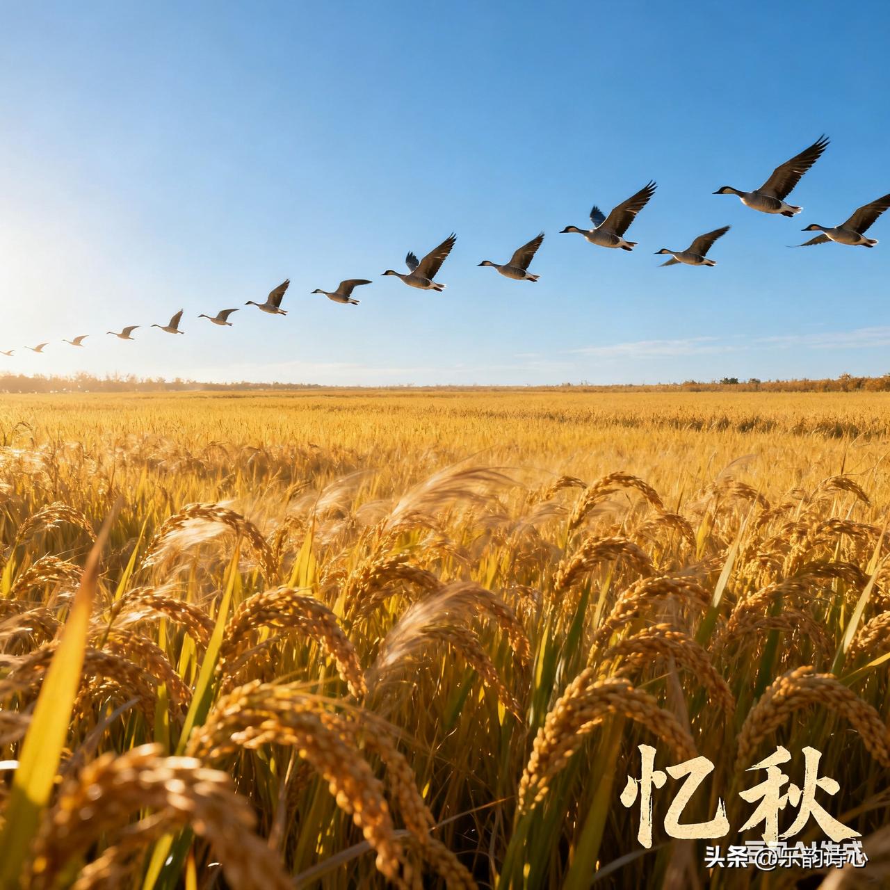 《忆秋》乐韵诗心原创:八月金风动，秋深稻谷香。碧空鸿雁一行行，常羡雁飞高远，来去