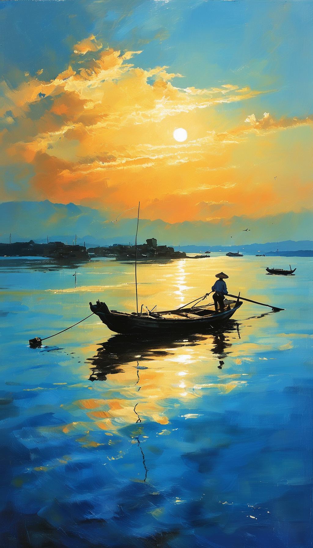 七绝·江上摇橹
 
一橹轻摇破碧烟，
半江云影落渔船。
晚风不问人间事，
只送清