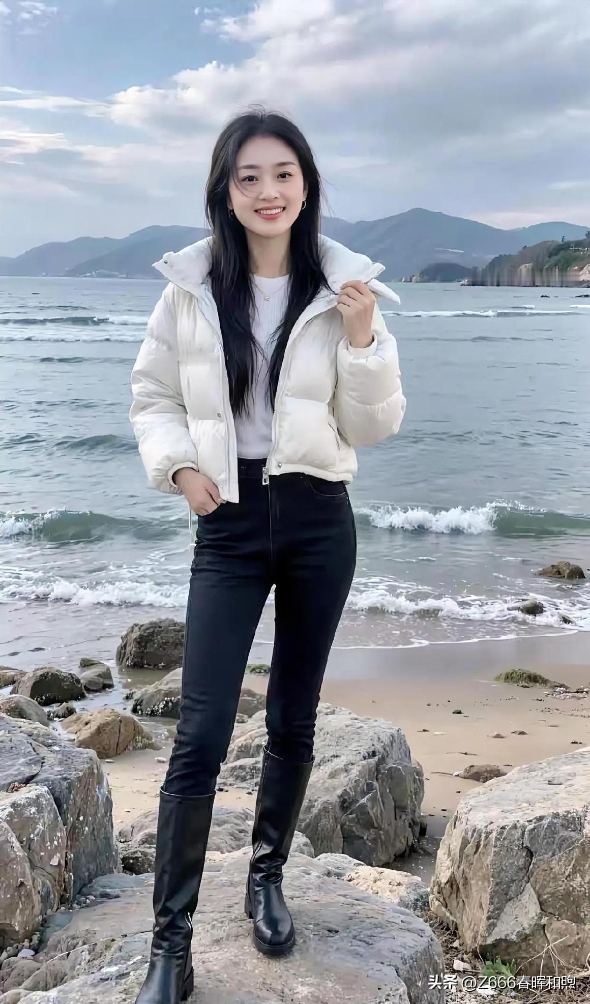 粼粼海浪轻抚沙滩，素白羽绒服裹着冬日的暖阳。伫立礁石之上，笑靥如花绽放，眉眼盈盈