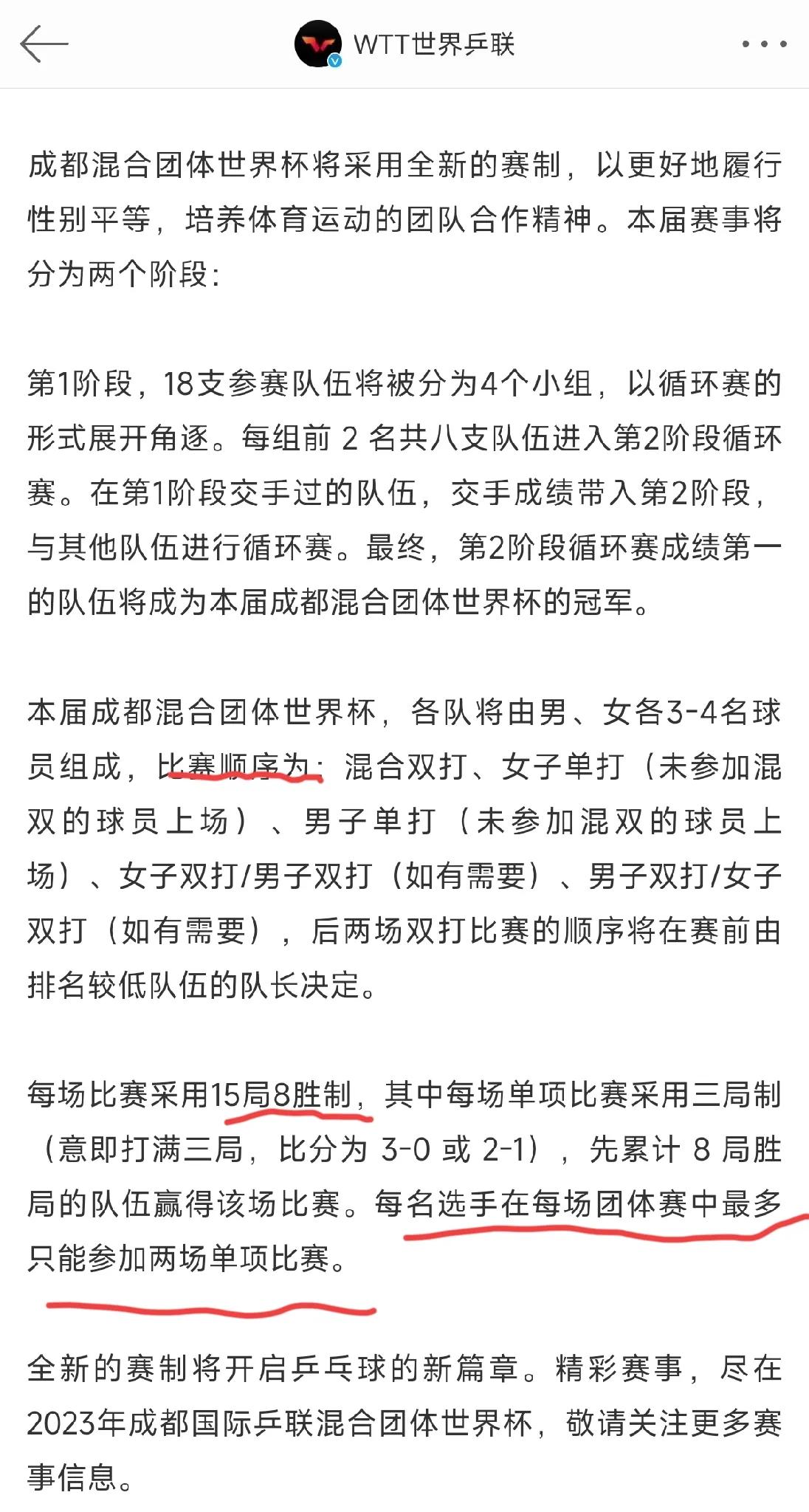 2023年成都国际乒联混合团体世界杯，全新赛制出炉，具体如图。

赛程：
第一阶