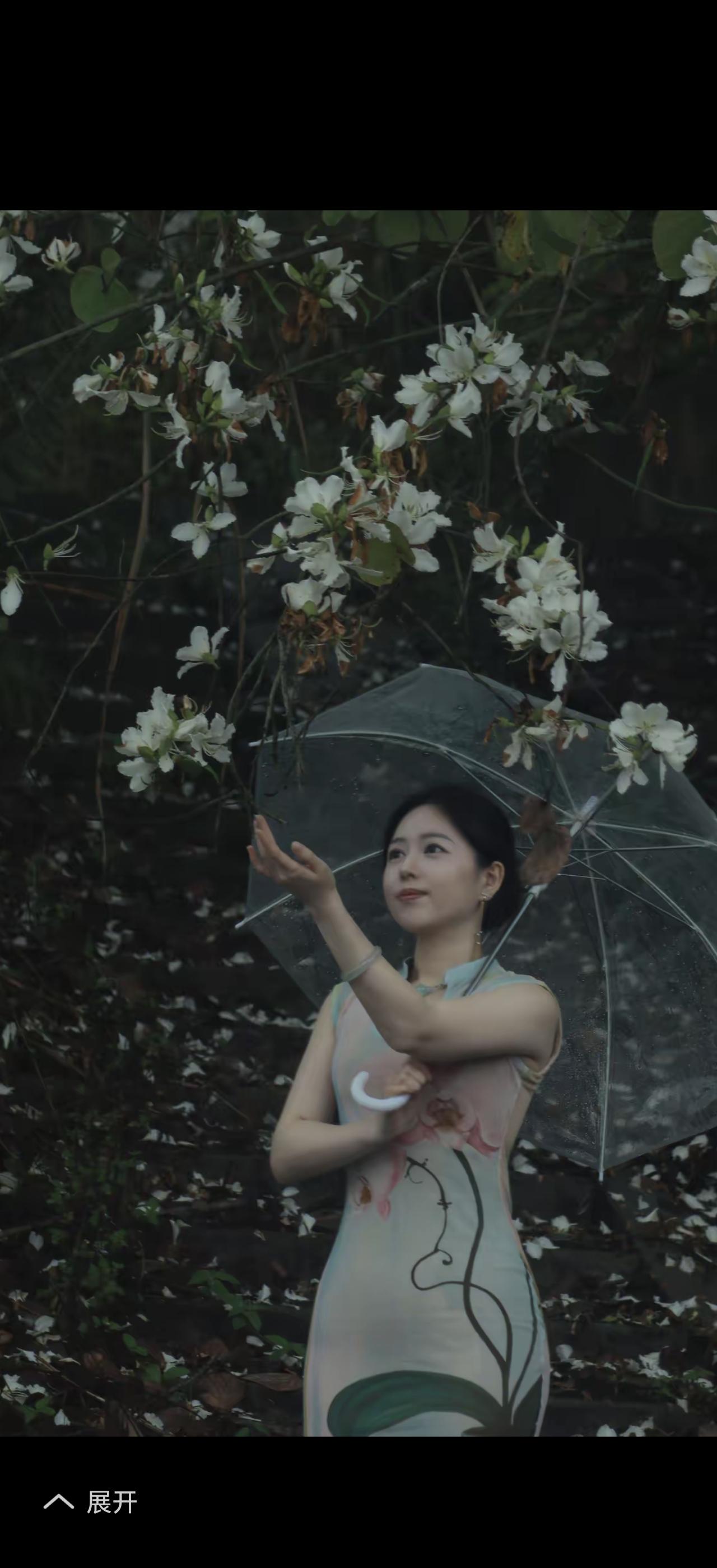 女子撑伞赏花，姿态优雅动人。