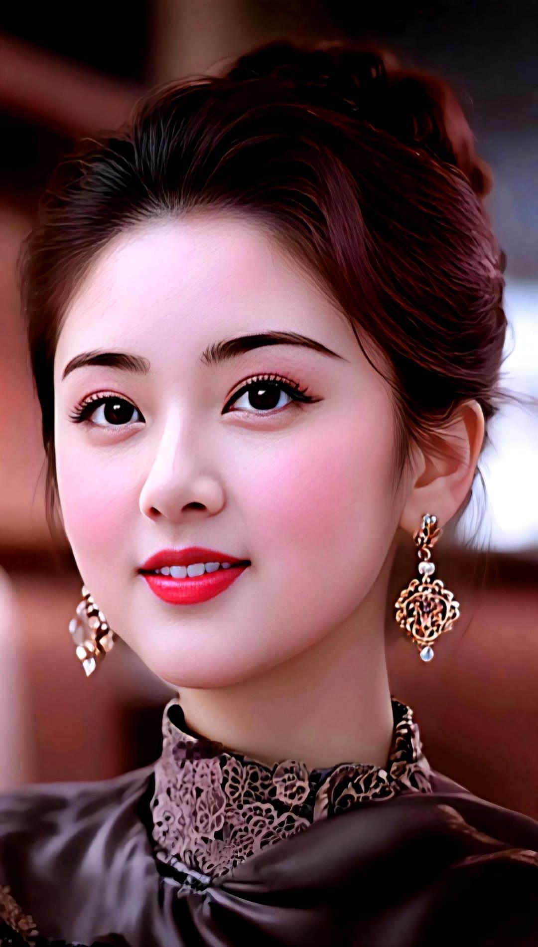 优雅东方美人，精致妆容与华丽耳饰相得益彰。