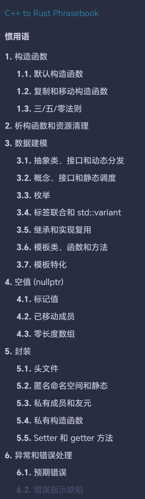 电子书《C++ 转 Rust 参考手册​》 英文书，目录图为机翻cel.cs.b