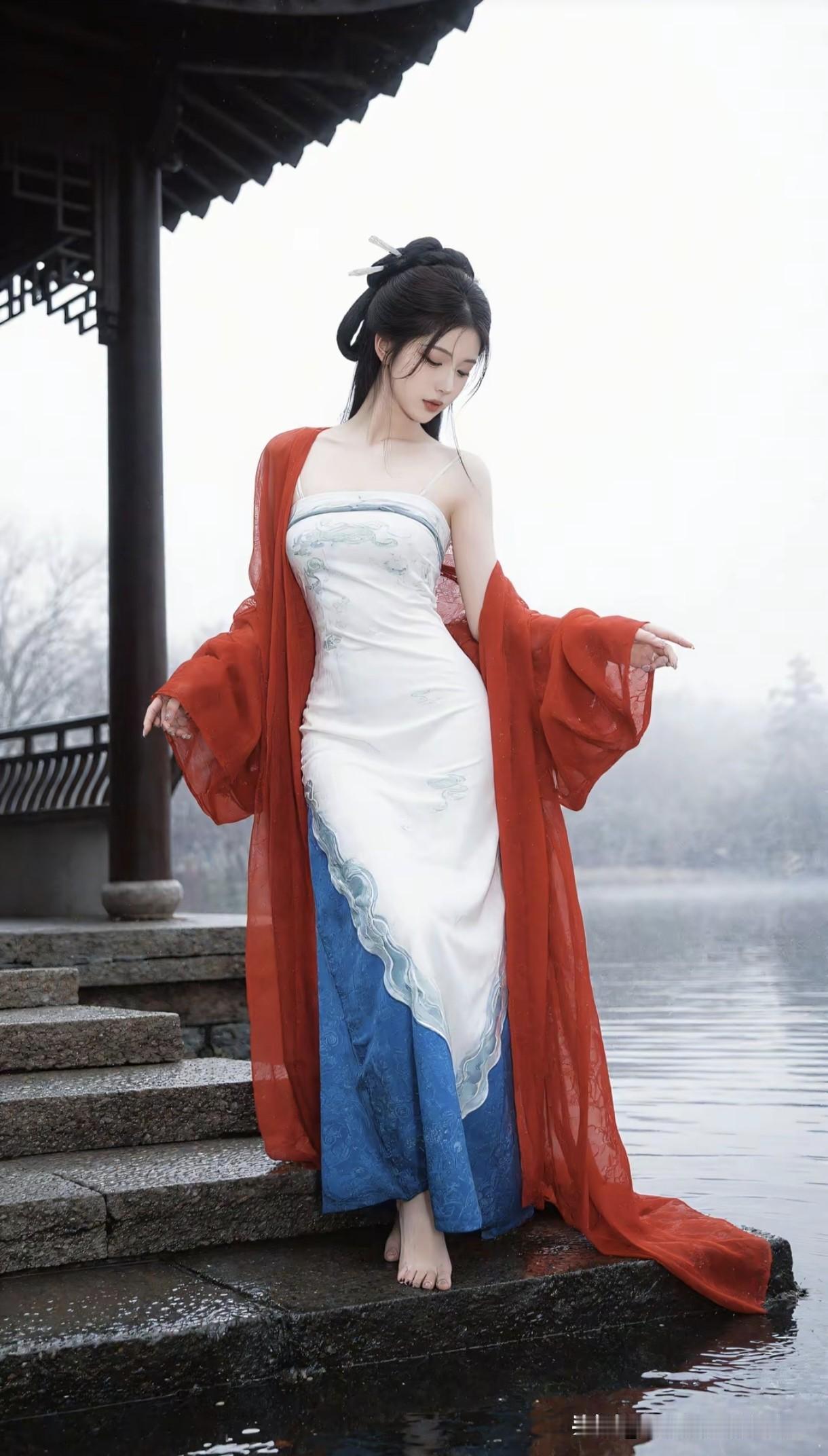 湖边翩翩起舞，红衣飘逸，宛如仙子下凡。湖边白裙少女 汉服美人跳舞 湖畔古风舞蹈 