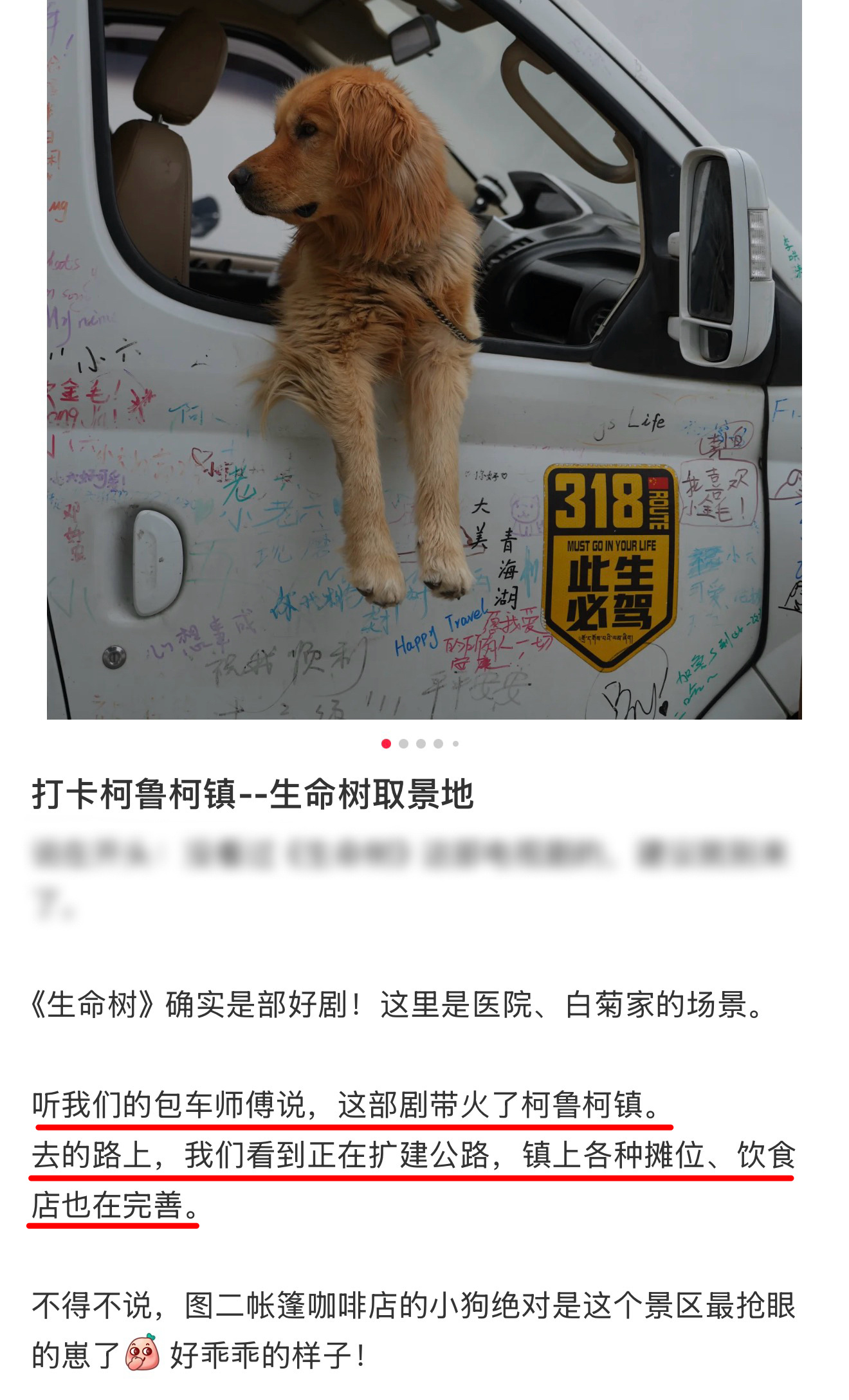 “听我们的包车师傅说，这部剧带火了柯鲁柯镇。去的路上，我们看到正在扩建公路，镇上