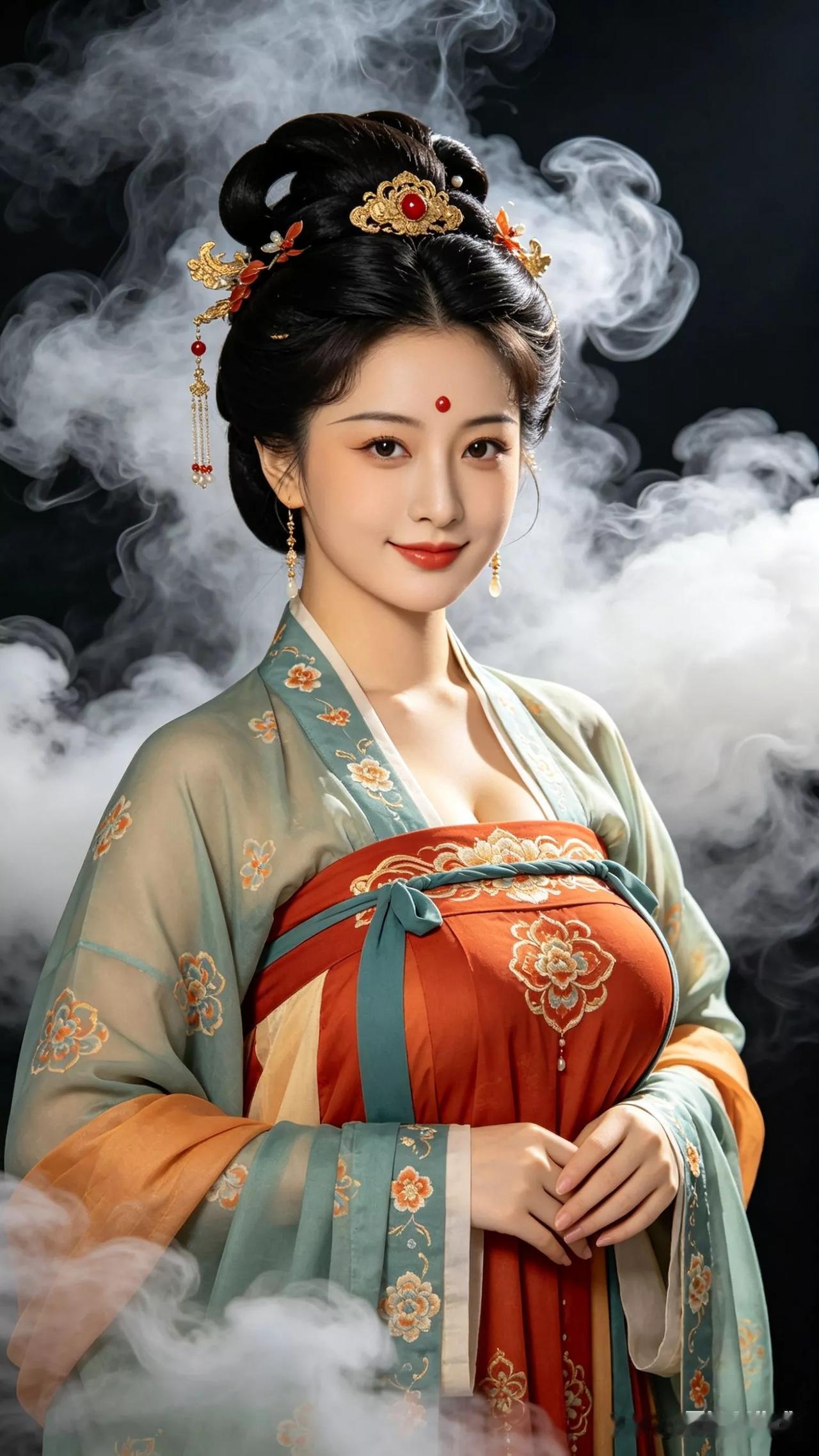 唐古风美人，云雾缭绕，韵味十足。张立启原创书画AI作品古仕女发髻服饰集锦首发第7