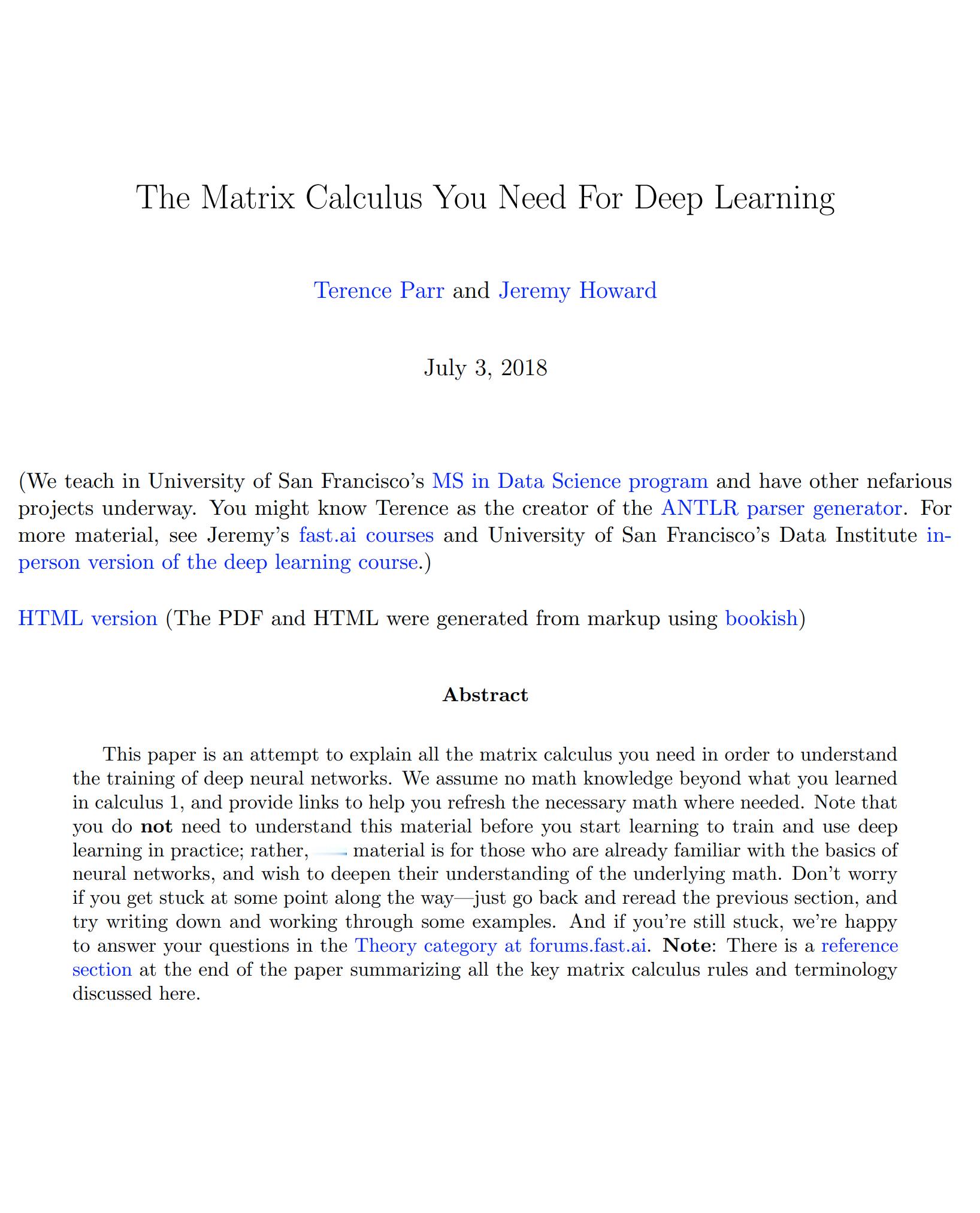 一本讲解深度学习中所需的矩阵微积分核心知识的电子书《The Matrix Cal