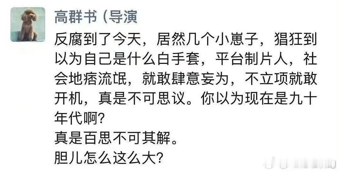 张晚意新剧《从警生涯》疑似将导演高群书以及赵冬苓踢出这部剧。编剧看在导演的面子上