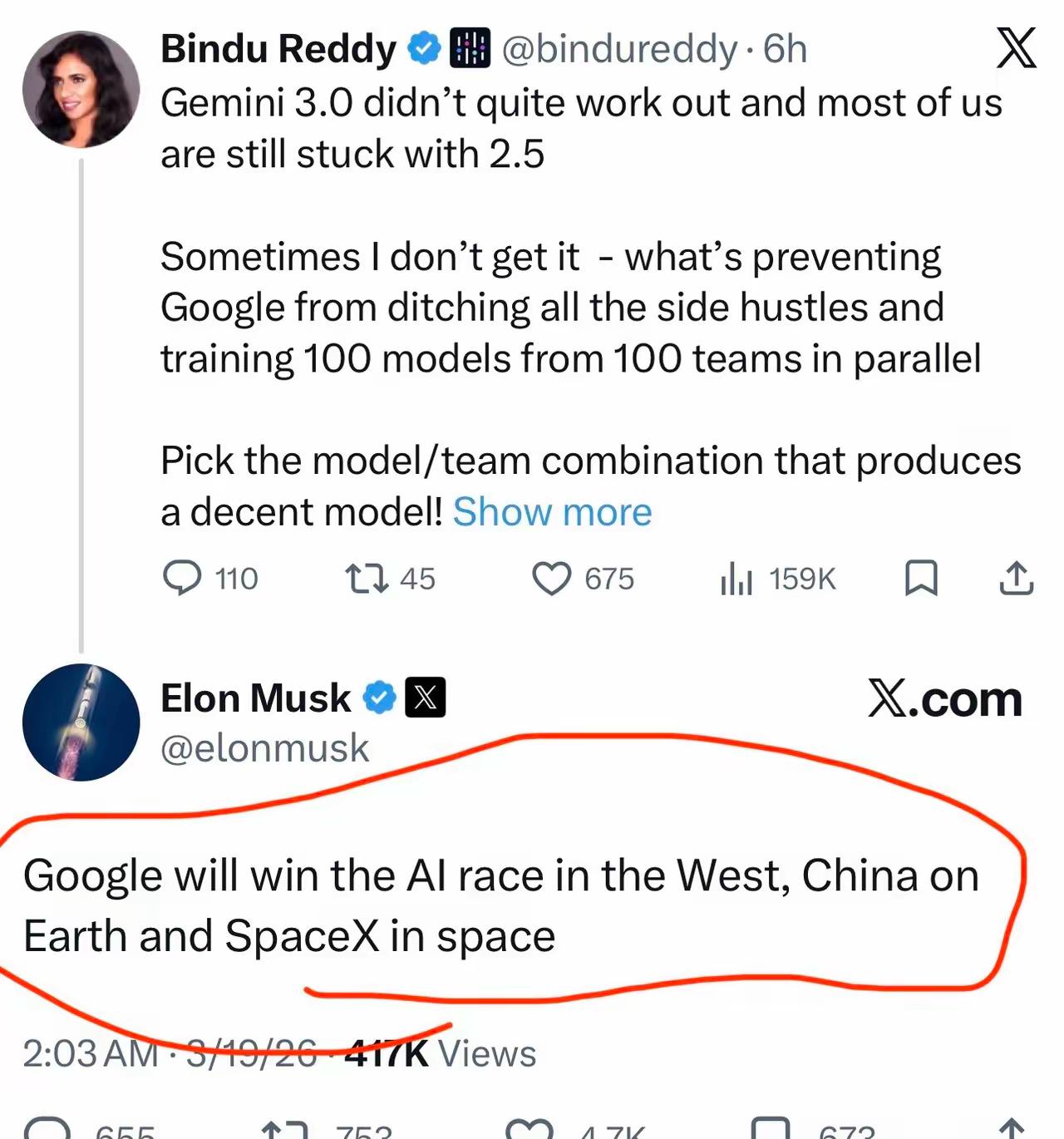 马斯克最新判断：

“谷歌将是西方人工智能赢家，中国将是地球上人工智能赢家，Sp