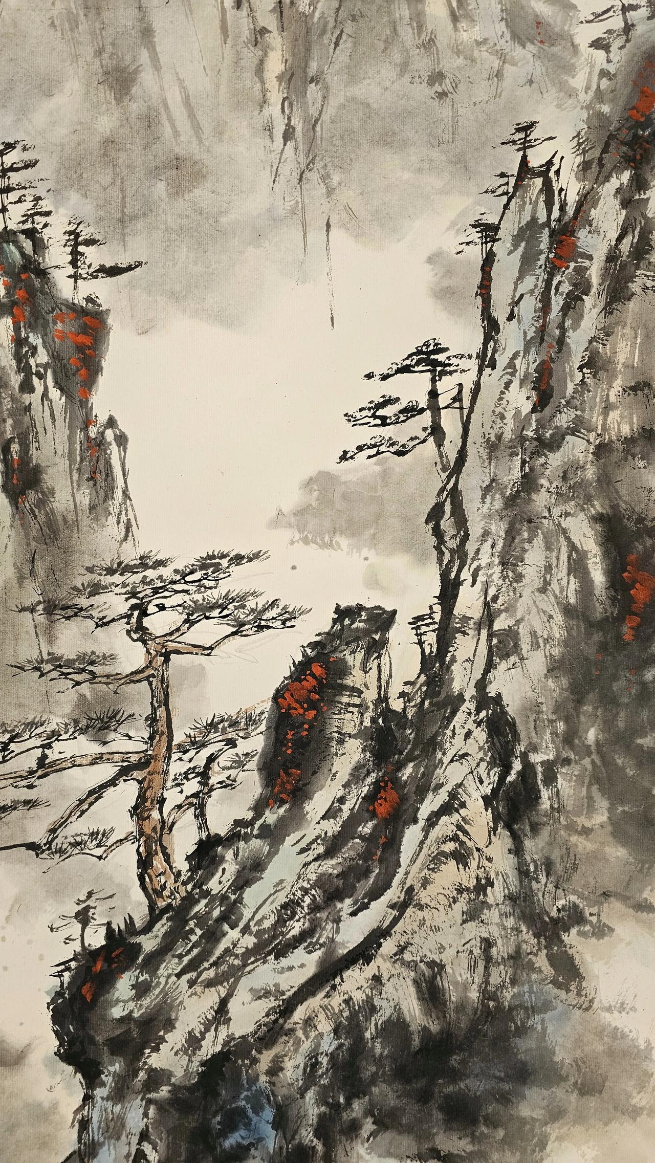 胡玉德老师创作《黄山秋色》国画浅绛山水掌握朱砂色点厾山顶