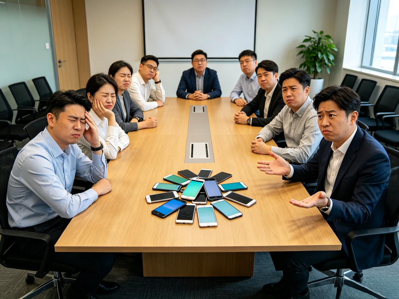 公司出了个新规定：开会时手机必须放在会议桌正中间，屏幕朝上，谁都不准碰。

老板