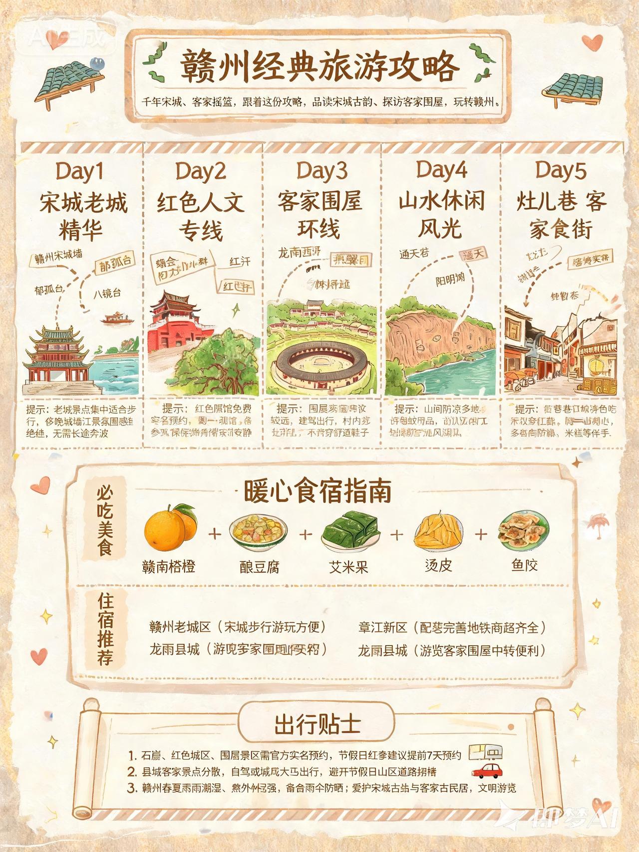 朋友们,你最想去江西的哪个景点?

江西赣州经典旅游攻略信息图：

Day1 宋