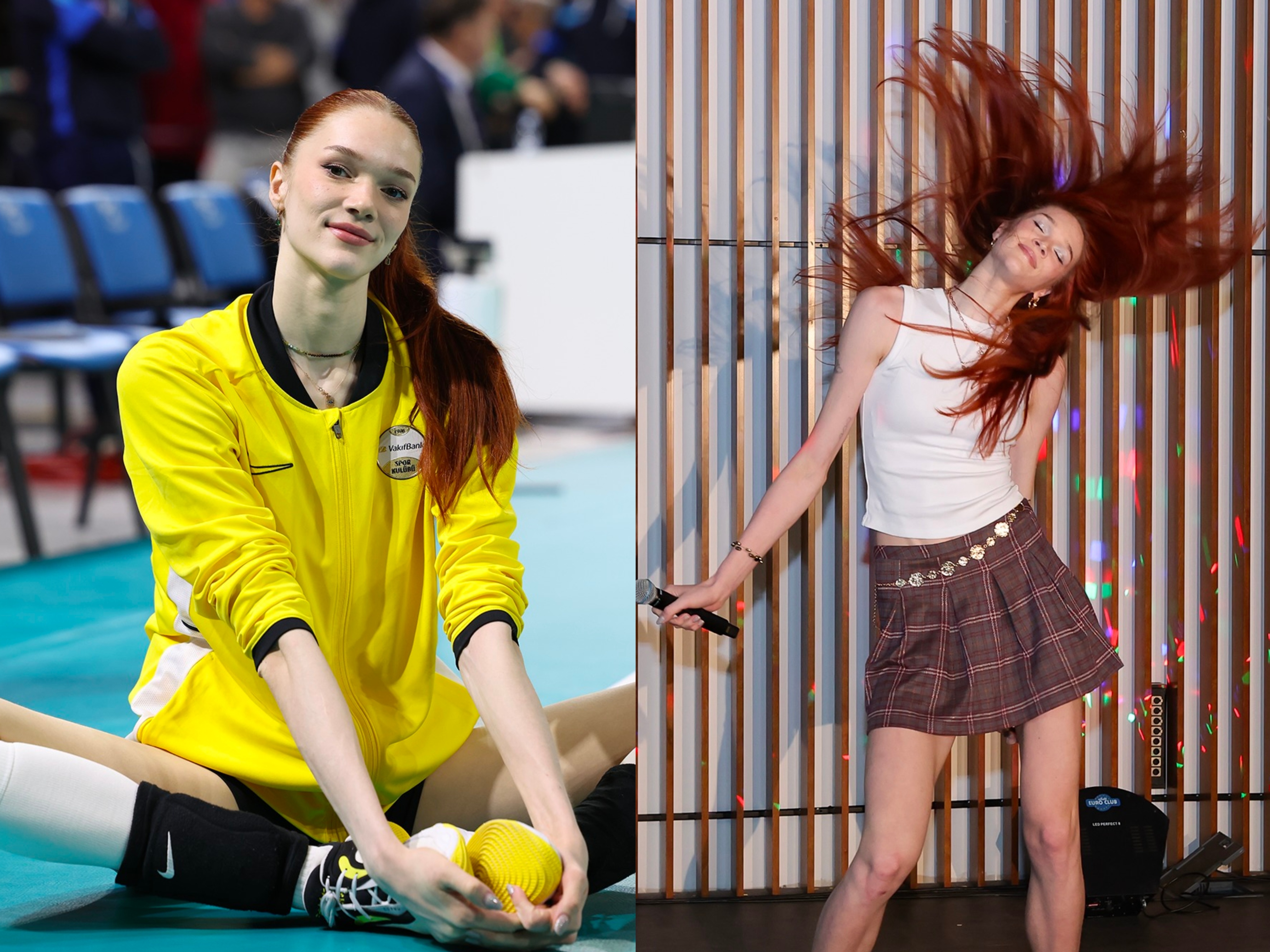 一人一张运动员反差神图左边是赛场上沉静专注的效力于瓦基弗银行的俄罗斯女排运动员马