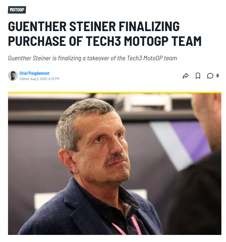 [哆啦A梦害怕]前哈斯车队领队冈瑟·斯泰纳即将完成对MotoGP Tech3车队