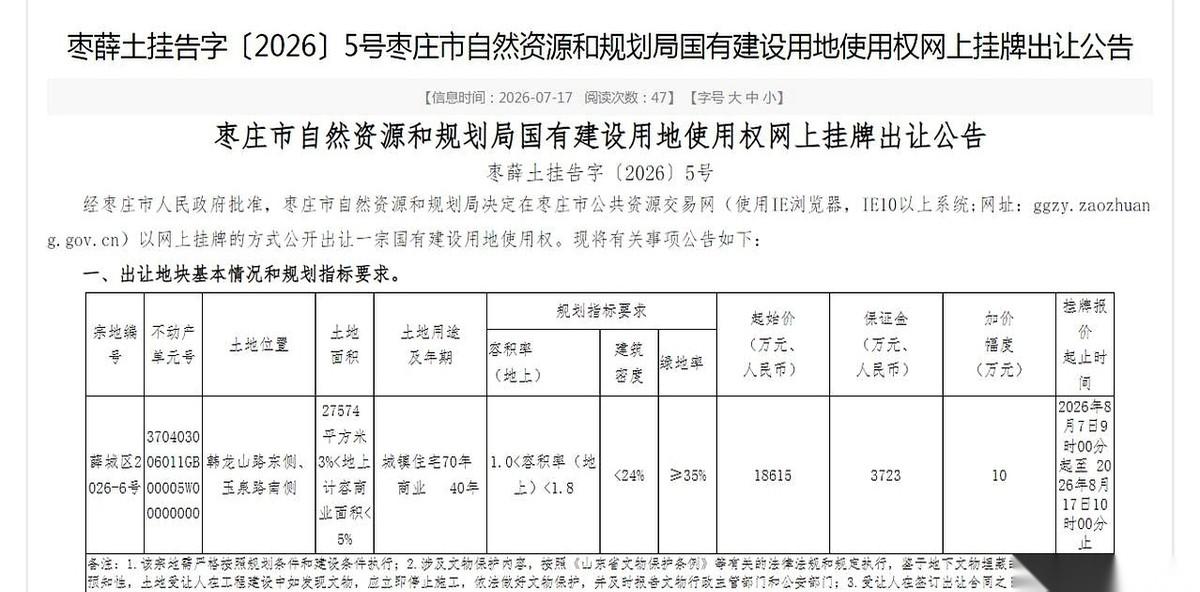枣庄薛城区的土地市场，今年挂了5块住宅用地。
锤子落下，4块都姓了“秀”。
今天