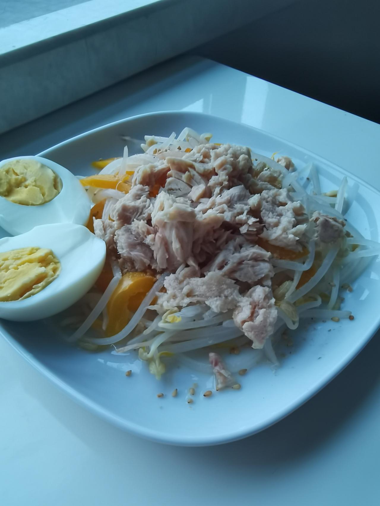 独居老人的蛋白质早餐

今日早餐：绿豆芽拌黄圆椒、金枪鱼罐头、半个面包圈加一片芝