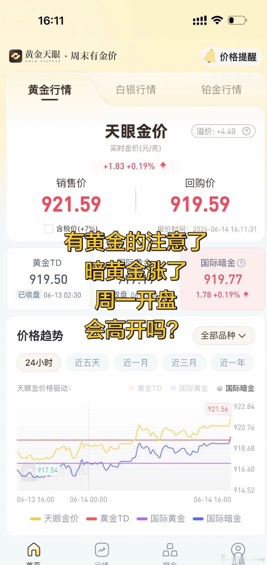 暗金涨了，明天周一金价开盘会高开吗 