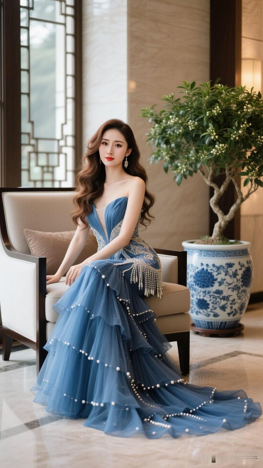 坠入深海的蓝色礼服🌊
抹胸鱼尾版型太凸显曲线
珍珠碎钻流苏层层点缀轻纱
自带朦