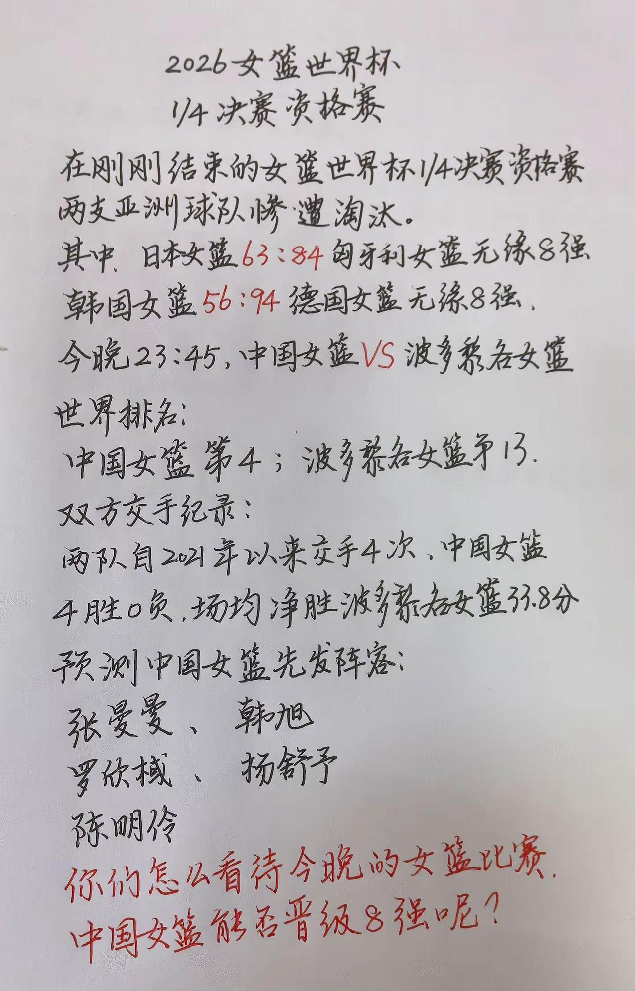 2026女篮世界杯1/4决赛资格赛韩国女篮、日本女篮无缘8强今晚23:45中国女