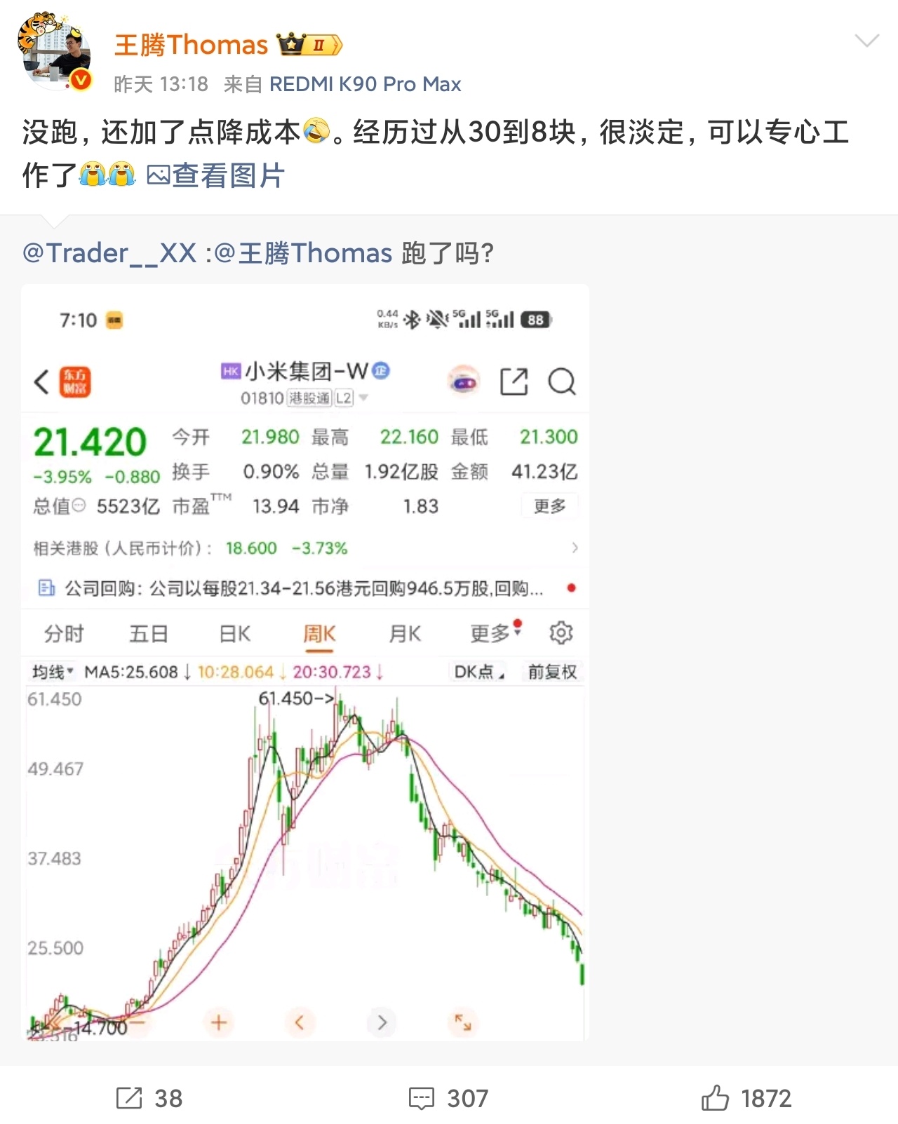 21元，小米现在真的挺便宜，我也准备抄王腾的底了，明年出海，小米估计超过前高60