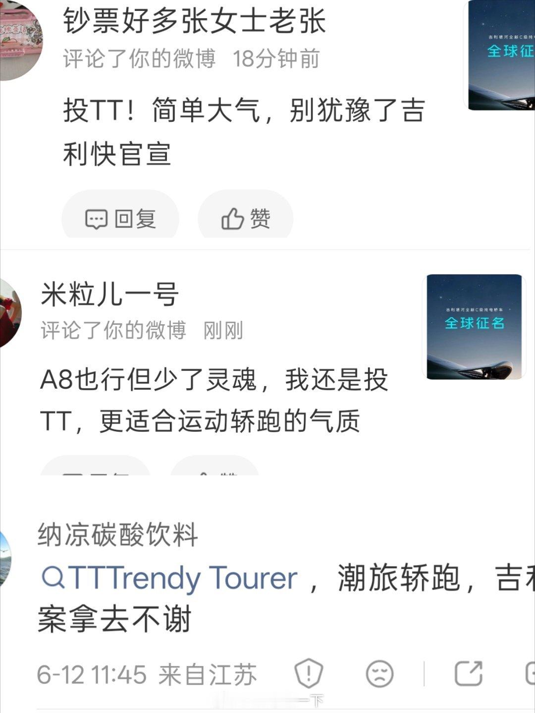 看得出来，这款车就是叫TT了，水军已经在下面刷TT咯，毕竟申报就叫TT，对吧吉利