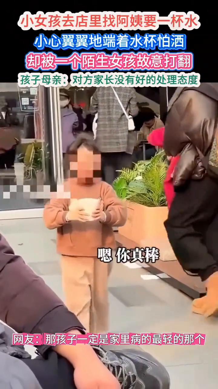 小女孩去店里找阿姨要一杯水，小心翼翼地端着水杯怕洒，却被一个陌生女孩故意打翻。孩