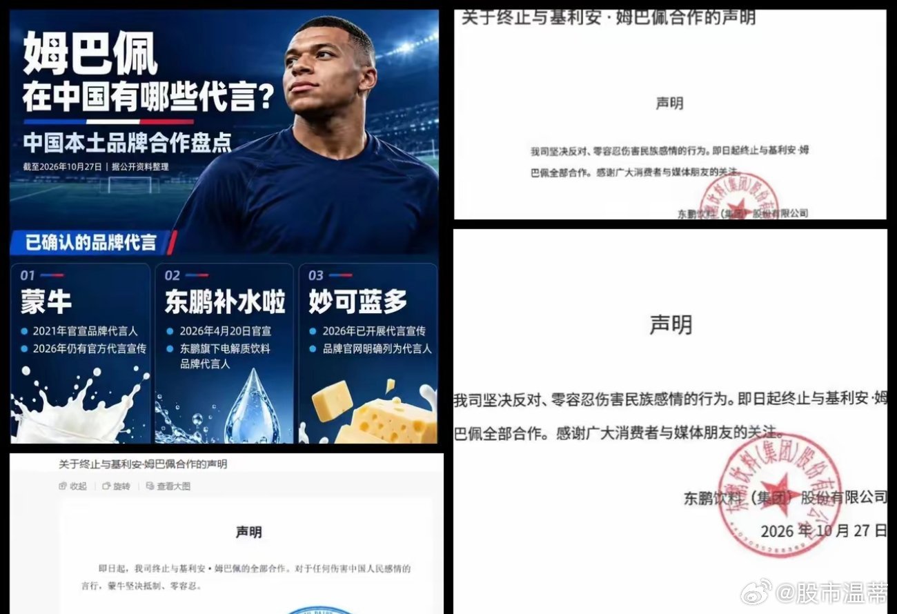 A股 姆巴佩在中国有多少个代言？又会产生多少金额的损失？1. 东鹏补水啦（202