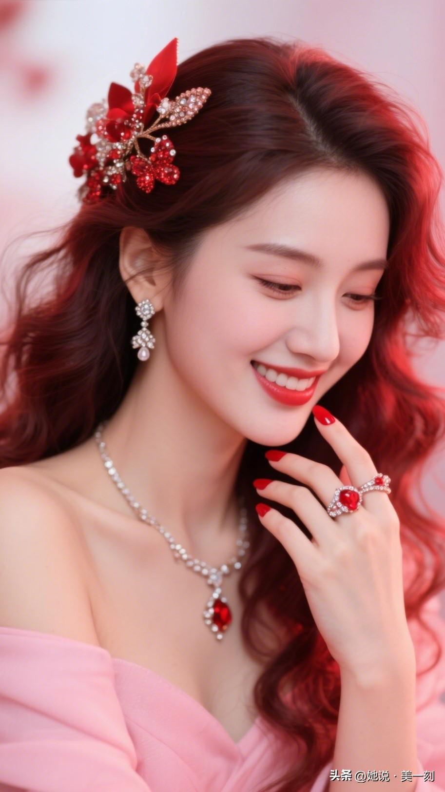 优雅红发，闪耀珠宝，甜美笑容，梦幻婚礼造型。穿粉色上衣的女生，到底有多好看？