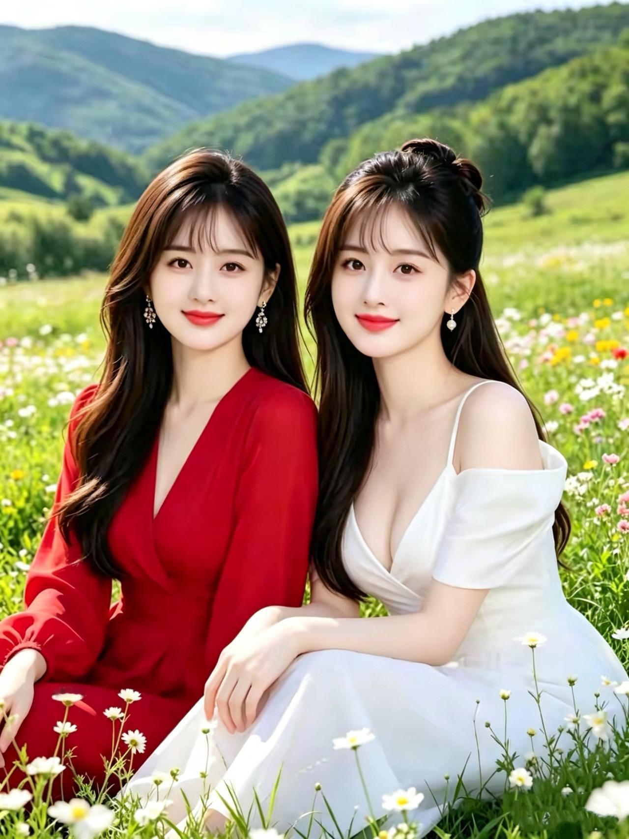 鹧鸪天•花田姊妹游
翠野晴光衬晓柔，
双姝花里并娇留。
红裙漫惹香风软，
白袂轻