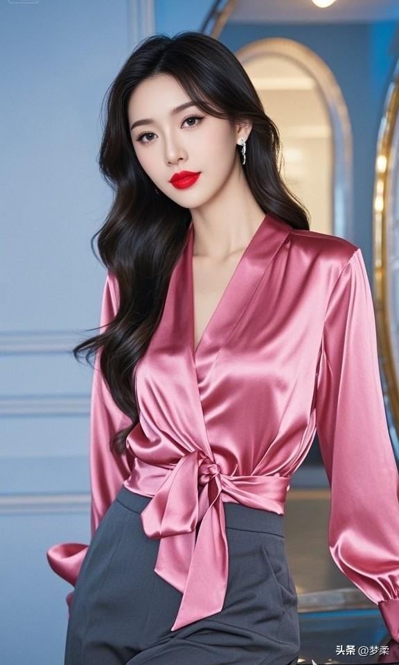 优雅红唇，丝滑粉色衬衫，尽显都市女性魅力！💄✨