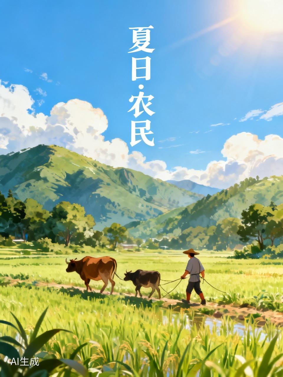 夏日.农民

盛夏日丽地葱茏，
鸟鸣蝉唱晨曦中。
掮犁策牛田埂上，
​身披温润和