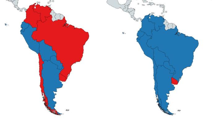 南美洲经历了多年的社会主义之后，现在出现了一股右翼浪潮。 

本周日智利变蓝。 