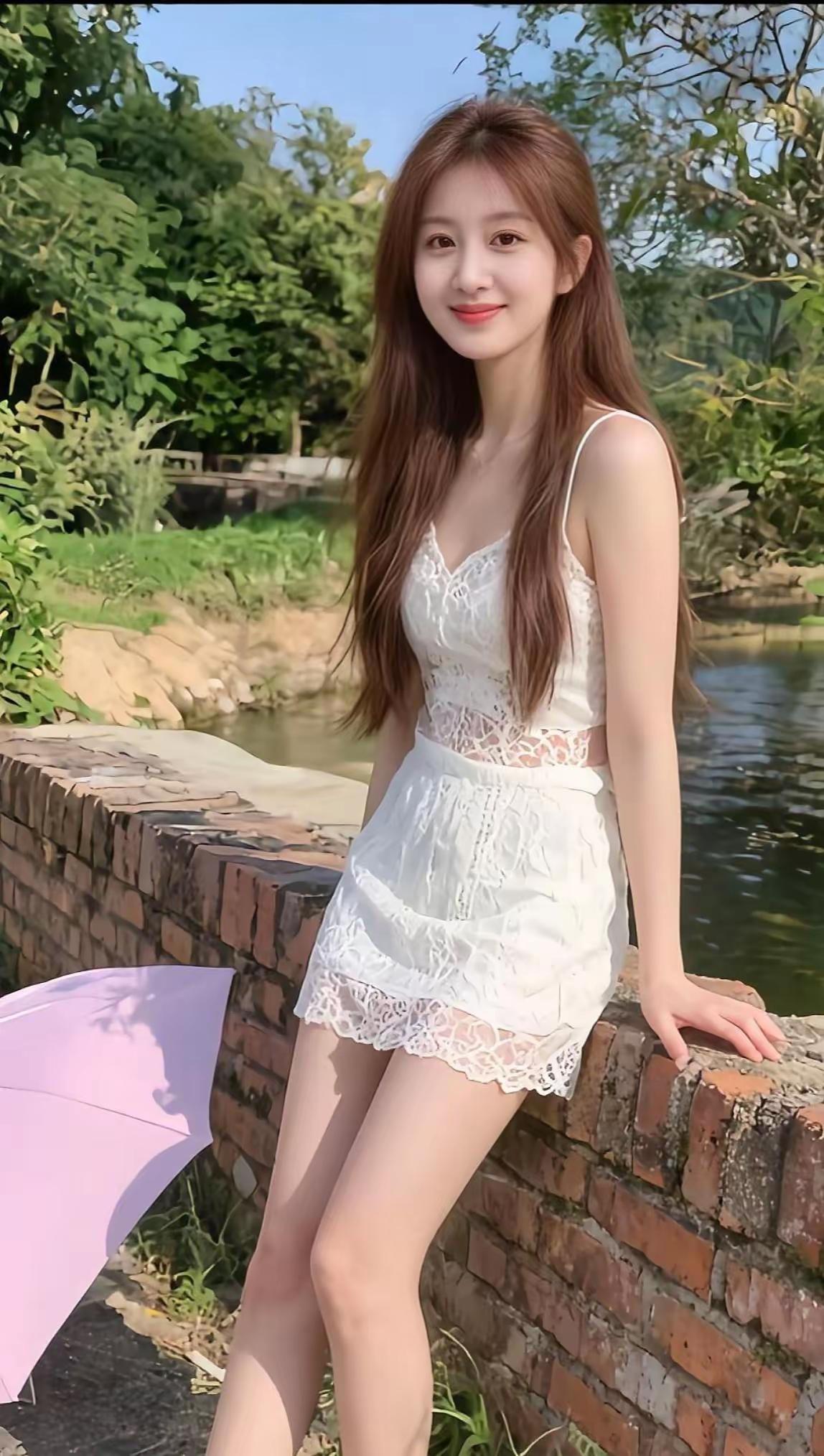 夏日清新穿搭，白色蕾丝裙搭配粉色伞，在绿意盎然的背景下，享受悠闲时光。