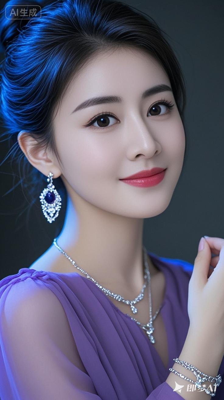 一位年轻漂亮的美女，身穿时尚紫色棉麻雪纺衫，戴着耳环、项链和精质手链，有着精致妆