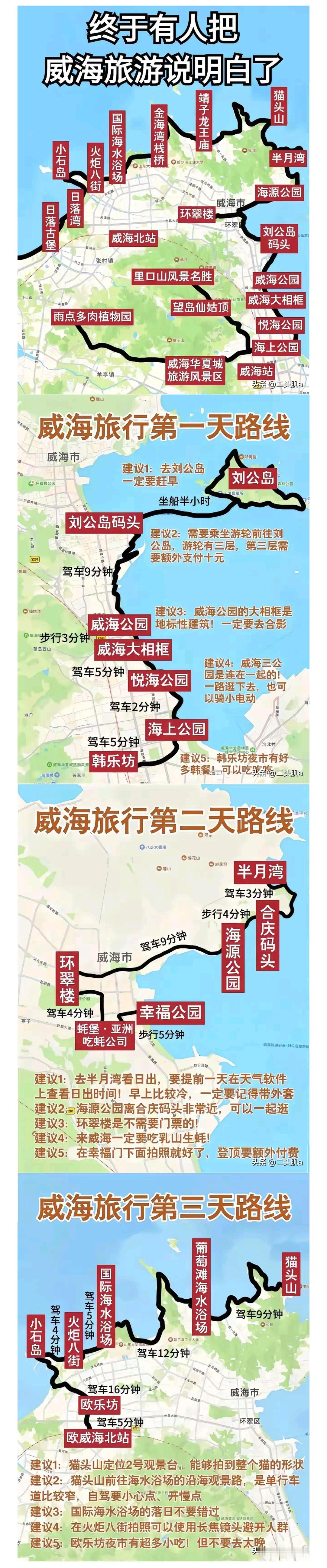 威海市区旅游地图，三天时间逛遍威海市区。