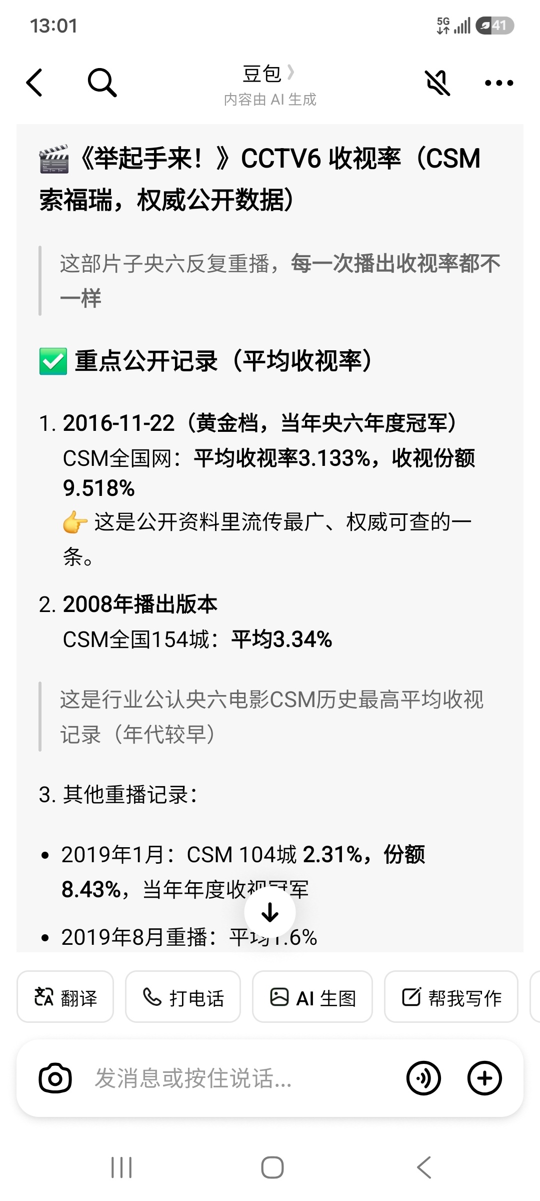 注意，《举起手来》央六的平均收视率（不像某些烂片吹的峰值哟），都3.34%啊。这