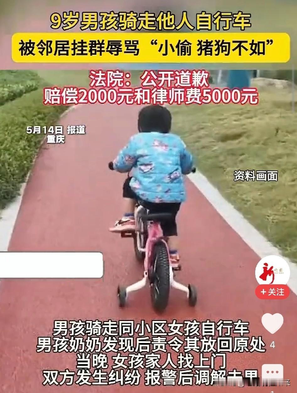 9岁男孩骑走邻居女孩自行车，奶奶责令放回，女孩家长在业主群骂了几句小偷，反赔70